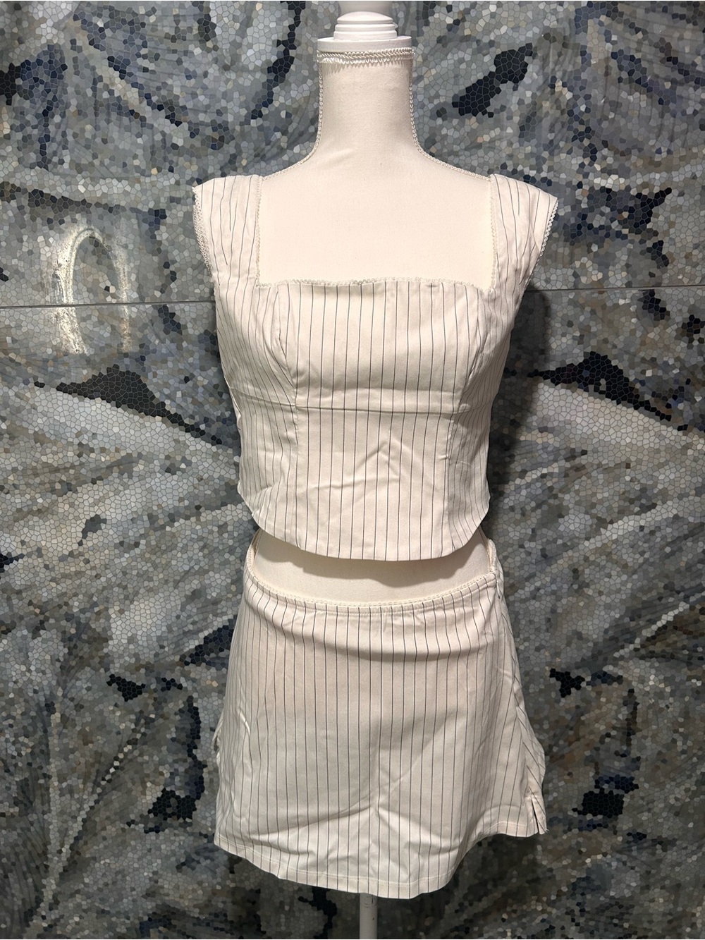 Striped White Mini Skirt and Top - Women's Set